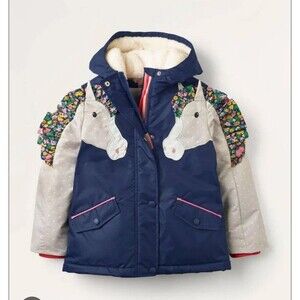 Mini Boden Girls Kids Sherpa-lined Anorak Navy Blue/ Horse size 3/4 GUC
